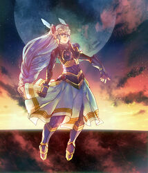  armor armored_dress blue_armor blue_eyes female floating full_moon helmet highres lenneth_valkyrie long_hair low-braided_long_hair low-tied_long_hair moon sky sunset tanokura_mon valkyrie valkyrie_anatomia valkyrie_profile_(series) winged_helmet 