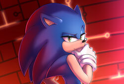  anthro black_nose blue_body blue_ears blue_fur clothing eulipotyphlan fur gloves gloves_only green_eyes handwear handwear_only hedgehog hi_res holding_chin krazyelf male mammal mostly_nude pose sega smile solo sonic_the_hedgehog sonic_the_hedgehog_(series) white_clothing white_gloves white_handwear 