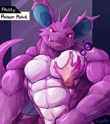  abs anthro biceps big_ears big_muscles big_pecs duo first_person_view generation_1_pokemon hi_res horn lucky_skebe male mammal muscular muscular_anthro muscular_male nidoking nintendo pec_grab pecs pokemon pokemon_(species) purple_body red_eyes scalie solo_focus teeth underbite vein veiny_muscles waddledox 