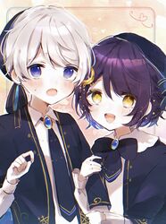  2boys blonde_hair blue_eyes blush collared_shirt commentary grabbing_another&#039;s_hand grey_hair hat highres hoshiduki_sorato long_sleeves looking_at_viewer male_focus mole mole_under_eye multiple_boys necktie open_mouth original purple_hair shirt short_hair sweatdrop swept_bangs symbol-only_commentary upper_body white_hair 