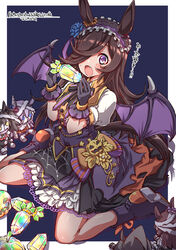  animal_ears black_background black_gloves black_hair black_hairband black_skirt blue_flower blue_rose boots border bow candy character_doll commentary dated demon_wings fangs female flower food frilled_hairband frills gloves hair_flower hair_ornament hair_over_one_eye hairband halloween halloween_costume highres holding horse_ears horse_girl horse_tail jack-o&#039;-lantern_ornament long_hair looking_at_viewer medium_skirt mihono_bourbon_(umamusume) open_mouth orange_bow outside_border puffy_short_sleeves puffy_sleeves purple_eyes purple_footwear purple_wings rice_shower_(make_up_vampire!)_(umamusume) rice_shower_(umamusume) rose shadow shirt short_sleeves sitting skirt solo stuffed_toy tail tamamo_cross_(umamusume) translated umamusume wariza white_border white_shirt wings yazawa_mana 