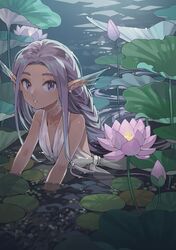  :o absurdres animal_ears bare_shoulders braid braided_ponytail bud choker commentary_request ear_chain ear_piercing eyelashes female fins flower fujiwara_(fujiwara43) halterneck head_fins highres lace lace_choker leaf lily_pad linked_piercing long_hair looking_at_viewer lotus lotus_leaf mermaid monster_girl nature night original outdoors partially_submerged piercing pink_flower pond purple_eyes purple_hair shirt side-tie_shirt single_braid sleeveless solo upper_body water white_shirt 