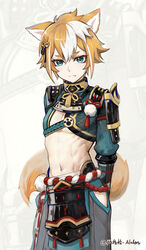  1boy absurdres alalen animal_ears armor arms_behind_back blonde_hair closed_mouth dog_boy dog_ears dog_tail genshin_impact gorou_(genshin_impact) green_eyes highres looking_at_viewer male_focus multicolored_hair navel solo streaked_hair tail toned toned_male torso zoom_layer 