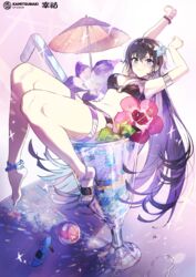  anklet bikini bracelet cocktail_glass cup drinking_glass flower highres jewelry kamitsubaki_studio koko_(kamitsubaki_studio) leg_belt long_hair long_legs multicolored_background purple_eyes purple_hair sandals summer swimsuit wata 