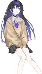  bad_id bad_twitter_id bare_legs black_choker black_hair black_skirt bow bowtie brown_sweater choker collarbone collared_shirt dot_nose earrings feet_out_of_frame female hair_between_eyes highres hoop_earrings jewelry kamitsubaki_studio koko_(kamitsubaki_studio) long_hair long_sleeves looking_at_viewer multicolored_hair parted_lips purple_bow purple_bowtie purple_eyes purple_hair school_uniform shirt simple_background skirt sleeves_past_wrists solo streaked_hair suimin_(sui_0y0) sweater virtual_youtuber white_background white_shirt 