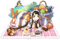  acorn animal_hat ark_order beret bird blue_hat bottle bow braid brown_hair cake carpet cat_hat chocolate_cake closed_mouth coffee_pot cup daruma_doll facial_mark faux_figurine female food fork frilled_hat frills fruit full_body grapes hair_ornament hands_on_own_cheeks hands_on_own_face hat hat_with_ears horns leaf long_hair looking_at_viewer lying oerba_yun_fang official_alternate_costume official_art on_stomach oni_horns orange_bow orange_socks picnic picnic_basket plate pppppan saucer sidelocks skin_fang smile socks soles solo spoon squirrel teacup the_pose thighhighs toe_socks transparent_background twin_braids very_long_hair w_arms white_legwear wine_bottle x_hair_ornament yellow_eyes zashiki-warashi_(ark_order) 