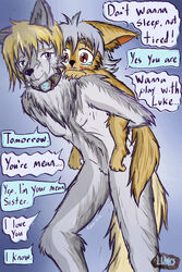  2022 anthro avian azee_(links) bird bonding canid canine canis carrying_another chara_(links) collar colored coyote duo english_text farfener female fur galliform hair happy hi_res links mammal phasianid piggyback predators relaxing rune runes shiyan_(links) sibling_(lore) sister_(lore) sisters_(lore) slave text wolf 