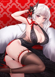  absurdres armpits ass azur_lane black_dress breasts cleavage dress evening_gown female highres long_hair looking_at_viewer lying nevven official_alternate_costume on_side red_eyes shoes single_shoe skindentation sleeveless sleeveless_dress solo thigh_strap white_hair yorck_(azur_lane) yorck_(breaker_under_the_blood_moon)_(azur_lane) 