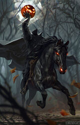  1boy akreon artist_name black_coat black_footwear black_gloves black_horse black_pants boots coat commentary english_commentary food full_moon gloves glowing glowing_eyes halloween hand_up headless headless_horseman high_collar holding holding_food holding_pumpkin holding_vegetable horse horseback_riding jack-o&#039;-lantern knee_boots male_focus moon moonlight night night_sky original outdoors pants pumpkin riding sky solo vegetable 