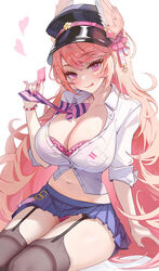  :p absurdres amesuku_gyaru azur_lane blush bow bowtie bra bra_peek breasts cleavage condom condom_wrapper crop_top female garter_straps gyaru hat heart highres holding holding_condom kogal large_breasts long_hair md5_mismatch miniskirt nachi_(azur_lane) nachi_(retrofit)_(azur_lane) navel panties pantyshot partially_unbuttoned peaked_cap pink_eyes pink_hair pink_nails school_uniform shirt sitting skirt solo ssr_(azmr2828) striped_bow striped_bowtie striped_clothes thighhighs thighs tongue tongue_out underwear very_long_hair wing_hair_ornament 