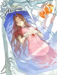  aerith_gainsborough blood blood_on_clothes breasts buttons choker closed_eyes conch cropped_jacket death dress female final_fantasy final_fantasy_vii hair_down highres jacket koi long_dress long_hair medium_breasts own_hands_together parted_bangs partially_submerged pink_dress red_jacket sidelocks solo spoilers talesofmea upper_body wavy_hair 