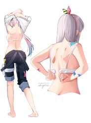  airani_iofifteen airani_iofifteen_(1st_costume) back barefoot blue_overalls bra female from_behind full_body grey_hair hair_ribbon highres hololive hololive_indonesia long_hair multiple_views neru_(vhyrie) overalls overalls_pull paint_splatter removing_bra ribbon shirt signature simple_background underwear undressing virtual_youtuber white_background white_shirt 