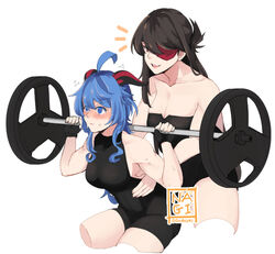  2girls ahoge barbell beidou_(genshin_impact) blue_hair blush brown_hair exercising eyepatch fingerless_gloves ganyu_(genshin_impact) genshin_impact gloves goat_horns hair_ornament hinagi_(fox_priest) horns leotard long_hair multiple_girls muscular muscular_female purple_eyes red_eyes short_hair sweat weightlifting weights 