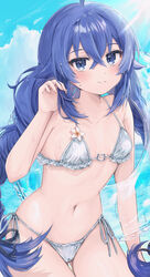  absurdres ahoge baba_kirika bare_arms bare_shoulders bikini blue_eyes blue_hair blue_sky blush braid breasts cat_o-ring closed_mouth commentary crossed_bangs day female flower frilled_bikini frills hair_between_eyes highres holding holding_own_hair innertube long_hair looking_at_viewer mushoku_tensei navel outdoors roxy_migurdia side-tie_bikini_bottom sidelocks sky small_breasts solo stomach string_bikini swim_ring swimsuit transparent_innertube twin_braids twintails very_long_hair wet wet_hair white_bikini 