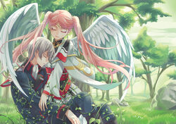  1boy ascot bekkourico black_jacket black_pants braid closed_eyes commentary_request couple day feathered_wings female floating_hair jacket kakumeiki_valvrave kneeling l-elf lieselotte_w._dorssia long_hair makeup mascara military military_uniform obi outdoors pants photoshop_(medium) pink_hair sash silver_hair sitting straight tree twintails uniform very_long_hair white_ascot white_wings wings 