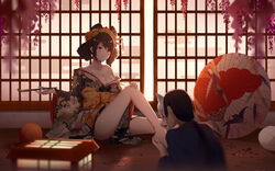  1boy absurdres barefoot black_hair blue_kimono breasts cleavage commentary_request egasumi female floral_print flower fox_mask hair_flower hair_ornament highres holding_another&#039;s_foot indoors japanese_clothes kimono mask medium_breasts obi off_shoulder oil-paper_umbrella orange_flower original petals pink_flower ponytail print_kimono sash shiny_skin shouji sliding_doors tied_hair umbrella yukata yumuto_(spring1786) 