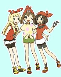  3girls :d ;d arms_behind_back bandana black_eyes black_legwear black_shorts blonde_hair blush commentary_request cosplay costume_switch full_body green_eyes green_shorts happy lillie_(pokemon) long_hair looking_at_viewer may_(pokemon) may_(pokemon)_(cosplay) medium_hair miu_(miuuu_721) multiple_girls one_eye_closed open_mouth pokemon pokemon_oras pokemon_rse pokemon_sm red_bandana selene_(pokemon) selene_(pokemon)_(cosplay) shoes shorts sidelocks smile socks standing v 