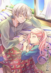  1boy bekkourico blue_shirt braid closed_eyes commentary_request couple day female grey_hair grey_sweater head_rest hood hooded_sweater indoors kakumeiki_valvrave l-elf lieselotte_w._dorssia long_hair lying makeup mascara on_side open_window parted_lips pink_hair shirt sleeping straight sunlight sweater twintails under_covers upper_body window 