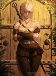  belt ciri commentary cowboy_shot crossed_arms door english_commentary female gloves green_eyes highres jewelry leather leather_belt leather_gloves leather_pants looking_at_viewer necklace outdoors pale_skin pants pouch scar scar_on_face sheath sheathed shirt skin_tight smile solo standing sword thaumazo the_witcher_(series) the_witcher_3 thigh_gap weapon white_hair witcher_medallion 