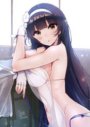  alternate_costume bad_id bad_pixiv_id bare_shoulders bikini black_hair blunt_bangs blush breasts brown_eyes commentary dated day elbow_rest female fingerless_gloves flower girls&#039;_frontline gloves hair_flower hair_ornament hairband head_tilt highres indoors large_breasts light_particles long_hair looking_at_viewer mappaninatta navel official_alternate_costume open_mouth side-tie_bikini_bottom signature solo stomach swimsuit type_95_(girls&#039;_frontline) type_95_(summer_cicada)_(girls&#039;_frontline) untied_bikini upper_body very_long_hair wet white_bikini white_gloves white_hairband window yellow_eyes 