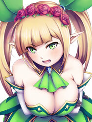  :o arms_under_breasts bare_shoulders blonde_hair breast_hold breasts cleavage commentary_request cozyluk detached_collar dress elbow_gloves elf female flower gimp_(medium) gloves green_dress green_eyes green_neckwear hair_flower hair_ornament hairband large_breasts long_hair pointy_ears sennen_sensou_aigis solo spica_(sennen_sensou_aigis) standing twintails upper_body white_background 