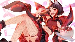  :d absurdres animal_ear_fluff animal_ears animare bare_shoulders black_hair blunt_bangs bow cake cake_slice character_name commentary_request controller convenient_skirt detached_sleeves eating feet_out_of_frame female fishnets food fox_ears frills fruit furisode happy_birthday highres holding inari_kuromu izumi_sai japanese_clothes kimono long_sleeves looking_at_viewer multicolored_hair name_tag nanashi_inc. navel oerba_yun_fang open_mouth red_bow red_eyes red_hair red_shirt red_skirt shirt short_hair skin_fang skirt smile solo strawberry strawberry_shortcake streaked_hair thighs virtual_youtuber 