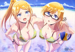  2girls :d :o absurdres ball bare_legs beach beach_volleyball bikini blonde_hair blue_eyes breasts cleavage cloud day foreshortening glasses halterneck hand_on_another&#039;s_shoulder hand_on_own_hip harukana_receive highres large_breasts matsuo_nobuyuki megami_magazine multiple_girls navel o-ring o-ring_bikini o-ring_bottom ocean oerba_yun_fang official_art open_mouth outdoors ponytail sand scan semi-rimless_eyewear shiny_skin siblings sisters sky smile sparkle standing swimsuit thomas_claire thomas_emily twins under-rim_eyewear volleyball volleyball_(object) 