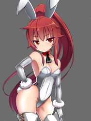  animal_ears ascot black_ascot breasts commentary_request cowboy_shot detached_collar elbow_gloves elesis_(elsword) elsword female gloves grey_background hand_on_own_hip leotard long_hair looking_at_viewer medium_breasts playboy_bunny ponytail rabbit_ears rabbit_tail red_eyes red_hair scrunchie solo standing strapless strapless_leotard tail thighhighs white_gloves white_leotard white_scrunchie white_thighhighs wrist_scrunchie zetsuei_(zetto) 