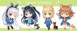  &gt;_&lt; 4girls :d :o ;) animal animal_ear_fluff animal_ear_headphones animal_ear_legwear animal_ears ann_(krt_girls) armband belt black_hair blonde_hair blue_eyes blue_footwear blue_jacket blue_skirt blue_vest blush brown_belt brown_footwear brown_hair brown_legwear brown_shirt brown_skirt canine chibi chibi_only closed_eyes closed_mouth commentary_request company_name dog_ears dog_girl dog_tail drawstring emilia_(krt_girls) fake_animal_ears gloves green_eyes hair_between_eyes hair_ornament hairclip head_tilt headphones heart hitsuki_rei holding holding_wrench hood hood_down hooded_jacket index_finger_raised jacket kemonomimi_mode krt_girls long_hair long_sleeves looking_at_viewer multiple_girls nana_(krt_girls) one_eye_closed one_side_up open_clothes open_jacket open_mouth pantyhose parted_lips pleated_skirt rabbit_ear_headphones rabbit_ear_legwear shirt skirt smile standing standing_on_one_leg star_(symbol) tail thighhighs very_long_hair vest white_gloves white_hair white_legwear white_shirt wrench xd xiao_qiong 