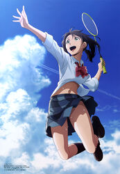  :d absurdres airborne arms_up badminton_racket blue_sky blue_socks bow bowtie brown_footwear brown_hair cloud cloudy_sky day female full_body green_eyes hanebado! hanesaki_ayano highres holding holding_racket jumping left-handed loafers magazine_scan megami_magazine miniskirt navel official_art open_hand open_mouth outdoors plaid plaid_skirt pleated_skirt racket red_bow red_bowtie round_teeth scan school_uniform shirt shoes short_ponytail skirt sky smile socks solo sweat teeth tokumaru_masahiro tongue white_shirt 