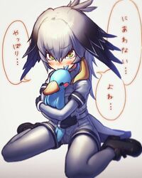  alternate_hair_length alternate_hairstyle bad_id bad_pixiv_id bird bird_tail bird_wings black_footwear black_gloves blonde_hair blush closed_mouth commentary_request female gloves gradient_background grey_hair grey_legwear hair_between_eyes head_wings highres holding holding_stuffed_toy kemono_friends long_hair looking_at_viewer mimitoke multicolored_hair nose_blush pantyhose shoebill shoebill_(kemono_friends) short_sleeves sidelocks sitting stuffed_animal stuffed_bird stuffed_toy tail translated wariza wings 