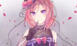  black_gloves blush bow close-up commentary elbow_gloves female fishnets flower frills gloves grey_background happy_birthday hat hat_flower index_finger_raised lace_trim love_live! love_live!_school_idol_festival love_live!_school_idol_project nishikino_maki petals purple_eyes red_bow red_hair rose see-through short_hair sleeveless smile solo veil watoson 