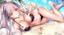  armpits azur_lane beach bikini bikini_tug blue_gemstone blush breasts butterfly_hair_ornament choker cleavage collarbone commentary covered_nipples day dunkerque_(azur_lane) dunkerque_(summer_sucre)_(azur_lane) earrings feet_out_of_frame female flower gem grey_hair groin hair_flower hair_ornament hairband jewelry large_breasts long_hair looking_at_viewer lying navel ocean official_alternate_costume on_side open_clothes open_shirt outdoors palm_leaf pink_eyes ponytail purple_bikini sand see-through shell shirt sidelocks skindentation solo starfish swimsuit thighs wagasi_(wagasi157) wet white_shirt 