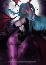  absurdres animal_print aqua_hair bat_print clothing_cutout commentary commission demon_girl english_commentary fangs female glowing glowing_eyes head_wings heart_cutout highres licking_lips long_hair looking_at_viewer moon morrigan_aensland night night_sky pantyhose print_pantyhose sky solo thaumazo tongue tongue_out vampire_(game) wings 