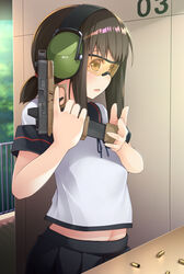  black_hair black_sailor_collar black_skirt brown_eyes commentary_request cowboy_shot ear_protection female fubuki_(kancolle) fubuki_kai_ni_(kancolle) glock gun handgun kantai_collection low_ponytail midriff midriff_peek mofu_namako muzzle_device navel open_mouth photoshop_(medium) pleated_skirt ponytail railing safety_glasses sailor_collar school_uniform serafuku shell_casing shooting_range short_ponytail sidelocks skirt solo trigger_discipline weapon 