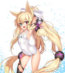  animal_ears arched_back armpits arms_behind_head blonde_hair blush braid breasts collarbone commentary_request covered_navel ehart female fox_ears g41_(beach_punk_2064)_(girls&#039;_frontline) g41_(girls&#039;_frontline) girls&#039;_frontline hair_between_eyes hair_ornament hair_ribbon heterochromia long_hair looking_at_viewer low-tied_long_hair oerba_yun_fang official_alternate_costume one-piece_swimsuit open_mouth ponytail ribbon school_swimsuit shiny_skin side_braid sideboob simple_background small_breasts solo split_ponytail standing swimsuit very_long_hair white_one-piece_swimsuit 