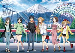  1boy 5girls :d amusement_park arms_behind_back asada_shino asuna_(sao) black_eyes black_footwear black_hair black_shirt black_skirt black_socks blue_eyes blue_pants blue_shirt blue_shorts blue_skirt boots bracelet breasts brown_eyes brown_footwear brown_hair cardigan casual clenched_hand dress ferris_wheel floating_hair freckles fuji-q_highland glasses green_sweater hair_ornament hair_ribbon hairclip hand_on_own_hip hands_in_pockets hat highres hood hood_down hooded_sweater jewelry kirigaya_suguha kirito leaning_forward lens_flare long_dress long_hair long_sleeves looking_at_viewer medium_breasts miniskirt mount_fuji mountain multiple_girls necklace off-shoulder_shirt off_shoulder official_art one-eyed open_cardigan open_clothes open_mouth outdoors pants pencil_skirt pinafore_dress pink_dress pleated_skirt red_footwear red_headwear ribbed_sweater ribbon roller_coaster see-through shinozaki_rika_(sao) shirt shoes short_hair short_shorts short_sleeves shorts silica skirt sleeveless sleeveless_dress smile sneakers socks sweater sword_art_online torn_clothes torn_pants very_long_hair white_footwear white_ribbon white_shirt white_sweater yellow_cardigan yellow_ribbon 