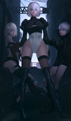  1boy 2b_(nier:automata) 2girls 9s_(nier:automata) a2_(nier:automata) absurdres ass_visible_through_thighs black_legwear blue_eyes boxer_briefs breasts cleavage cleavage_cutout clothing_cutout commentary dirty elbow_gloves english_commentary feather-trimmed_sleeves gloves hair_over_one_eye highres leotard looking_at_viewer male_underwear medium_breasts mole mole_under_mouth multiple_girls nier:automata nier_(series) no_pants puffy_sleeves sitting smile standing thaumazo thigh_gap thighhighs underwear white_hair 