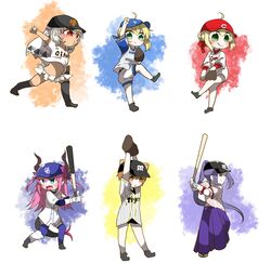  1boy 5girls :d :q :t absurdres ahoge altera_(fate) animal_ears arm_up arms_up artoria_pendragon_(fate) ball baseball baseball_(object) baseball_bat baseball_cap baseball_mitt baseball_uniform black_footwear black_headwear black_shorts black_thighhighs blonde_hair blue_eyes blue_headwear blush braid brown_eyes brown_hair chunichi_dragons closed_mouth clothes_writing commentary_request curled_horns dark-skinned_female dark_skin dragon_girl dragon_horns dragon_tail dress_shirt elbow_pads elizabeth_bathory_(fate) elizabeth_bathory_(fate/extra_ccc) fate/extra fate/grand_order fate/stay_night fate_(series) fujimura_taiga gloves green_eyes hair_between_eyes hair_bun hair_ribbon hair_through_headwear hakama hakama_skirt hanshin_tigers hat high_ponytail highres hiroshima_touyou_carp holding holding_ball holding_baseball_bat horns jako_(jakoo21) japanese_clothes kneehighs long_hair multiple_girls nero_claudius_(fate) nero_claudius_(fate/extra) nippon_professional_baseball oerba_yun_fang open_mouth pantyhose parted_lips pink_hair pleated_skirt ponytail purple_eyes purple_hair purple_hakama purple_headwear purple_legwear purple_ribbon red_eyes red_headwear ribbon saber_(fate) sasaki_kojirou_(fate) shirt shoes short_shorts short_sleeves shorts sidelocks single_hair_bun skirt smile socks sportswear standing standing_on_one_leg striped_clothes striped_shirt tail thighhighs tokyo_yakult_swallows tongue tongue_out two_side_up v-shaped_eyebrows veil vertical-striped_clothes vertical-striped_shirt very_long_hair white_background white_gloves white_hair white_shirt white_shorts white_skirt wide_sleeves yokohama_dena_baystars yomiuri_giants 