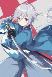  ahoge alternate_costume commentary_request female fingerless_gloves gloves grey_hair hair_between_eyes hakama hakama_skirt haori headband highres holding holding_sword holding_weapon itomi_sayaka japanese_clothes katana pera purple_eyes shinsengumi short_hair skirt solo sword toji_no_miko weapon wide_sleeves 