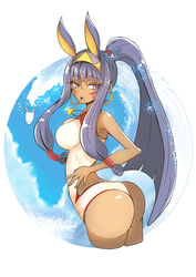  alternate_hairstyle animal_ears arched_back ass breasts commentary competition_swimsuit cosplay cowboy_shot cropped_legs dark-skinned_female dark_skin earrings facepaint facial_mark fate/grand_order fate_(series) female gin_moku hair_tubes high_ponytail hoop_earrings impossible_clothes jackal_ears jewelry large_breasts long_hair looking_at_viewer medjed_(fate) medjed_(fate)_(cosplay) nitocris_(fate) nitocris_(swimsuit_assassin)_(fate) nitocris_(swimsuit_assassin)_(second_ascension)_(fate) one-piece_swimsuit open_mouth outside_border ponytail purple_eyes purple_hair sidelocks solo standing swimsuit thighs white_one-piece_swimsuit wide_hips 