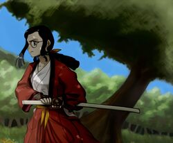  bakumatsu_rouman bakumatsu_rouman_dainimaku bespectacled black_hair commentary female glasses hakama hakama_skirt highres japanese_clothes kageng kimono long_hair outdoors ponytail red_hakama skirt snk solo stance sword takane_hibiki tree weapon 