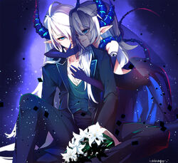  1boy bad_id bad_pixiv_id blue_horns ciel_(elsword) demon_girl demon_horns demon_tail demonio_(elsword) diabla_(elsword) dress elsword female flower horns icedango_(dpopic3) lily_(flower) luciela_r._sourcream smile tail wedding_dress white_hair withered 