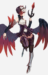  alternate_color armor armored_boots armored_dress bare_shoulders black_armor black_wings boots choker commentary_request crown dress feathered_wings feathers female full_body greaves grey_background gwendolyn_(odin_sphere) head_wings highres looking_at_viewer low_wings odin_sphere pleated_dress polearm polearm_behind_back red_eyes red_wings short_hair solo spear standing standing_on_one_leg strapless strapless_dress thigh_boots thighhighs uusquid valkyrie weapon white_hair wings zettai_ryouiki 