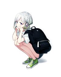  absurdres backpack bag blush bow braid commentary_request female green_hair grin hairbow headphones highres lips looking_at_viewer multicolored_hair official_art purple_eyes sakuragi_ren shirt shoes short_hair short_sleeves shorts simple_background smile sneakers solo squatting t-shirt teeth two-tone_hair unworn_backpack unworn_bag virtual_youtuber white_background white_hair yuni_(yuni_channel) yuni_channel 