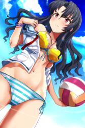  &gt;:( absurdres ass_visible_through_thighs bad_id bad_pixiv_id ball bare_shoulders bikini black_hair blue_sky blush bracelet breasts closed_mouth cloud collarbone collared_shirt commentary_request cowboy_shot day dolphin_pendant dress_shirt dutch_angle female floating_hair from_below front-tie_bikini_top front-tie_top hair_between_eyes halterneck hand_up highres holding holding_ball idolmaster idolmaster_million_live! idolmaster_million_live!_theater_days jewelry lens_flare long_hair looking_away medium_breasts mismatched_bikini navel necklace no_eyewear off_shoulder open_clothes open_shirt outdoors pendant red_eyes run_p_(aveton) serious shirt short_sleeves side-tie_bikini_bottom sky solo standing stomach striped_bikini striped_clothes swimsuit takayama_sayoko undressing v-shaped_eyebrows volleyball volleyball_(object) white_shirt yellow_bikini 