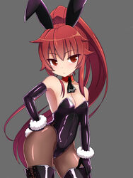  animal_ears ascot black_ascot black_gloves black_legwear black_leotard breasts brown_legwear commentary_request cowboy_shot detached_collar elbow_gloves elesis_(elsword) elsword female gloves grey_background hand_on_own_hip leotard long_hair looking_at_viewer medium_breasts pantyhose playboy_bunny ponytail rabbit_ears rabbit_tail red_eyes red_hair scrunchie solo standing strapless strapless_leotard tail thighhighs thighhighs_over_pantyhose white_scrunchie wrist_scrunchie zetsuei_(zetto) 