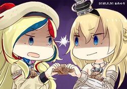  2girls artist_logo beret big_head blonde_hair blue_eyes blue_hair braid chibi commandant_teste_(kancolle) commentary crown dated dress flower gradient_background half_up_braid hat hinata_yuu jewelry kantai_collection long_hair long_sleeves mini_crown multicolored_clothes multicolored_hair multicolored_scarf multiple_girls necklace no_sclera off-shoulder_dress off_shoulder one-hour_drawing_challenge plaid plaid_scarf pom_pom_(clothes) purple_background red_flower red_hair red_ribbon red_rose ribbon rose scallop scarf shaded_face shell staring streaked_hair tilted_headwear upper_body v-shaped_eyebrows warspite_(kancolle) white_dress white_hair 