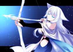  animal_ears arrow_(projectile) blue_eyes blunt_bangs bow_(weapon) breasts cleavage cloak closed_mouth commentary_request dated drawing_bow female fox_ears fox_tail hip_vent holding holding_bow_(weapon) holding_weapon jewelry konshin large_breasts long_hair looking_at_viewer md5_mismatch orie_mishiro pixiv_fantasia pixiv_fantasia_last_saga ring signature solo tail weapon wedding_ring white_hair 