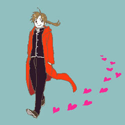  1boy ahoge alphonse_elric black_pants black_shirt blue_background brown_footwear brown_hair clothes_lift coat commentary_request conqueror_of_shambala full_body fullmetal_alchemist hand_in_pocket happy heart looking_back lowres male_focus mattsu oekaki pants ponytail red_coat shirt simple_background smile solo standing walking 